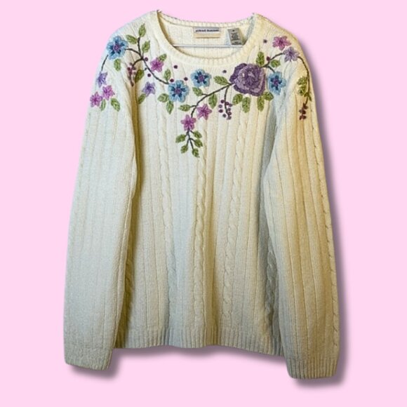 Pull Femme Alfred Dunner XL – Ivoire Brodé Fleurs – Maille Douce, Manches Longues